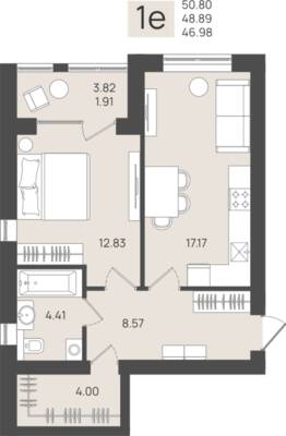1-комнатная квартира 48,89 м² в ЖК Клевер, Пионерский — фото 1