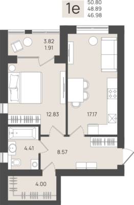 1-комнатная квартира 48,89 м² в ЖК Клевер, Пионерский — фото 1