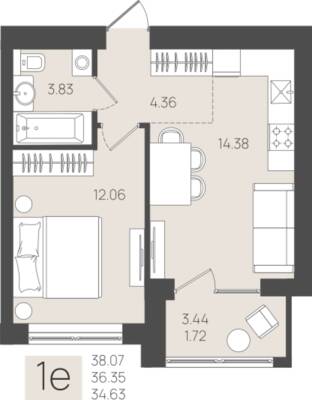 1-комнатная квартира 36,35 м² в ЖК Клевер, Пионерский — фото 1