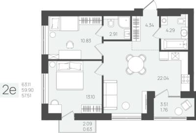 2-комнатная квартира 59,27 м² в ЖК Клевер, Пионерский — фото 1