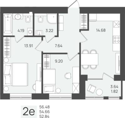 2-комнатная квартира 54,66 м² в ЖК Клевер, Пионерский — фото 1