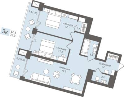 3-комнатная квартира 65,5 м² в ЖК Апарт-отель ПАНОРАМА, Пионерский — фото 1