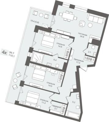 4-комнатная квартира 105,5 м² в ЖК Апарт-отель ПАНОРАМА, Пионерский — фото 1