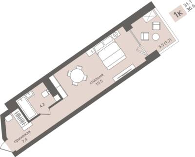 1-комнатная квартира 32,8 м² в ЖК Апарт-отель ПАНОРАМА, Пионерский — фото 1
