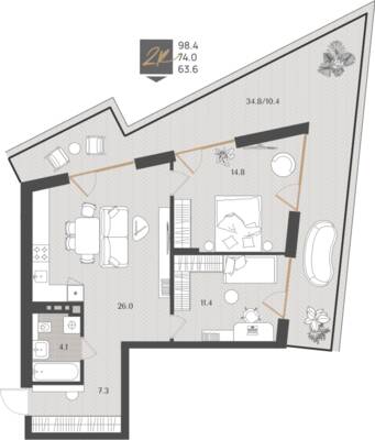 2-комнатная квартира 74 м² в ЖК Берег. Морской, Светлогорск — фото 1