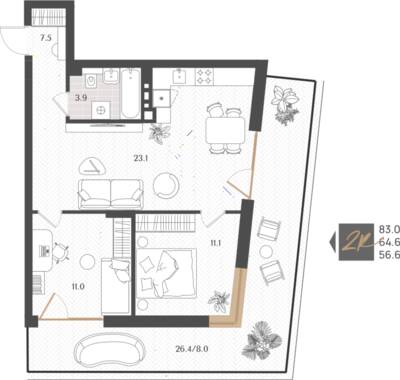 2-комнатная квартира 64,6 м² в ЖК Берег. Морской, Светлогорск — фото 1