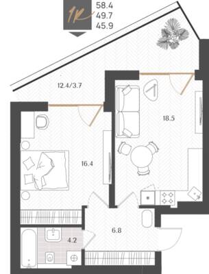 1-комнатная квартира 49,6 м² в ЖК Берег. Морской, Светлогорск — фото 1