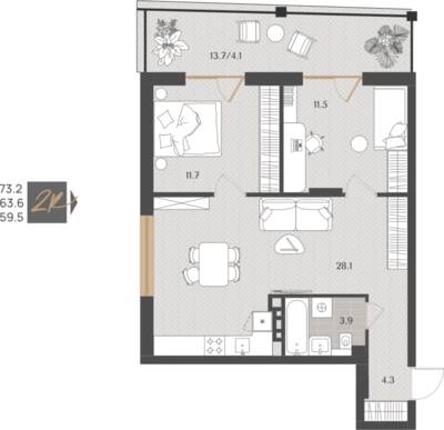 2-комнатная квартира 63,6 м² в ЖК Берег. Морской, Светлогорск — фото 1