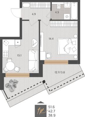 1-комнатная квартира 42,7 м² в ЖК Берег. Морской, Светлогорск — фото 1