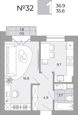 Планировка: 1-комн. 35,6 м² · этаж 4 из 4
