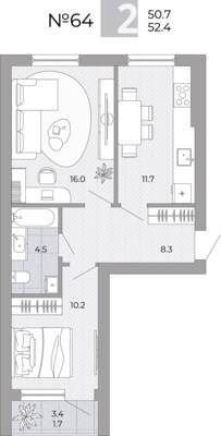 Планировка: 2-комн. 52,4 м² · этаж 3 из 4