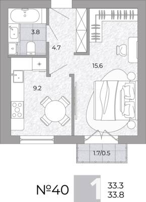 Планировка: 1-комн. 33,8 м² · этаж 3 из 4