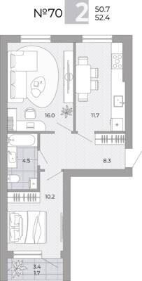 Планировка: 2-комн. 52,4 м² · этаж 1 из 4