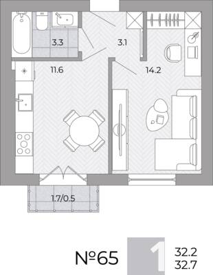 Планировка: 1-комн. 32,7 м² · этаж 3 из 4
