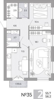 Планировка: 2-комн. 56,2 м² · этаж 2 из 4