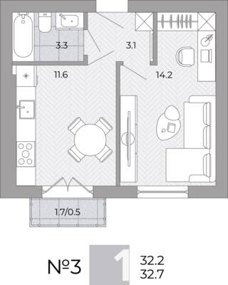 Планировка: 1-комн. 32,7 м² · этаж 1 из 4