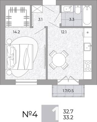 Планировка: 1-комн. 33,2 м² · этаж 1 из 4