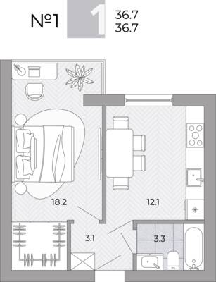 Планировка: 1-комн. 36,7 м² · этаж 1 из 4