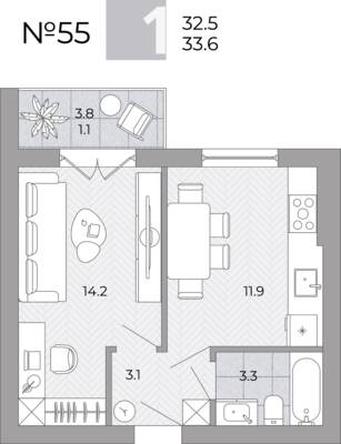 Планировка: 1-комн. 33,6 м² · этаж 1 из 4