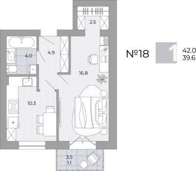 Планировка: 1-комн. 39,6 м² · этаж 3 из 4