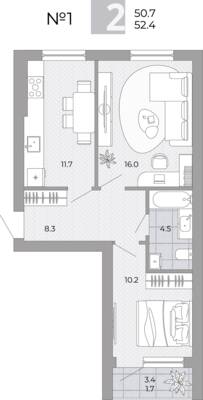 Планировка: 2-комн. 52,4 м² · этаж 1 из 4