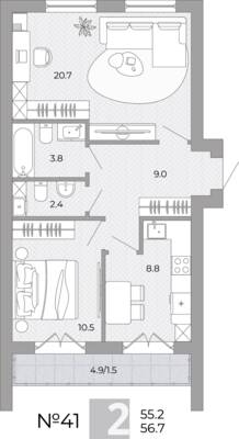 Планировка: 2-комн. 56,7 м² · этаж 3 из 4