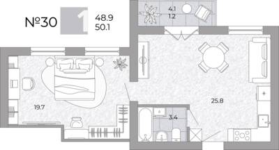 Планировка: 1-комн. 50,1 м² · этаж 1 из 4