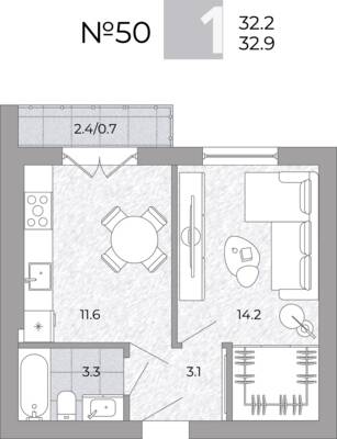 Планировка: 1-комн. 32,9 м² · этаж 1 из 4