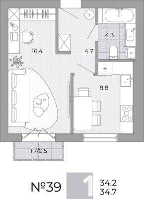Планировка: 1-комн. 34,7 м² · этаж 3 из 4