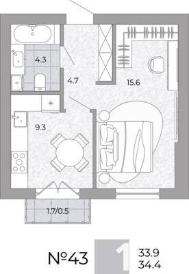 Планировка: 1-комн. 34,4 м² · этаж 3 из 4