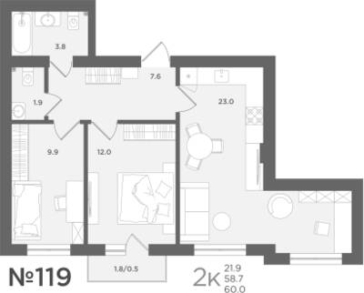 2-комнатная квартира 58,7 м² в ЖК МС18, Пионерский — фото 1