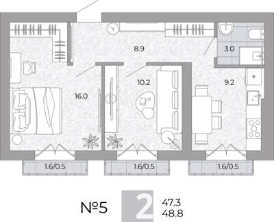 Планировка: 2-комн. 48,8 м² · этаж 2 из 4