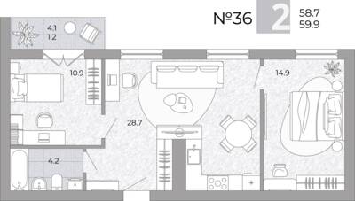 Планировка: 2-комн. 59,9 м² · этаж 2 из 4
