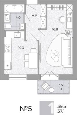 Планировка: 1-комн. 37,1 м² · этаж 1 из 4