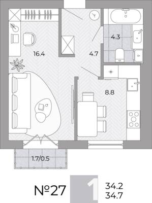Планировка: 1-комн. 34,7 м² · этаж 1 из 4
