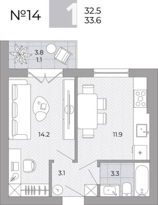 Планировка: 1-комн. 33,6 м² · этаж 2 из 4