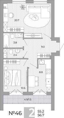 Планировка: 2-комн. 56,7 м² · этаж 3 из 4