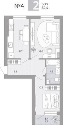 Планировка: 2-комн. 52,4 м² · этаж 2 из 4