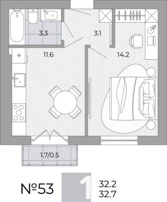 Планировка: 1-комн. 32,7 м² · этаж 1 из 4