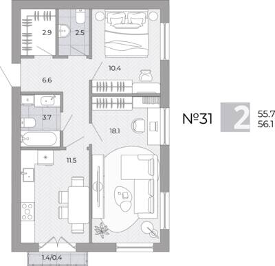 Планировка: 2-комн. 56,1 м² · этаж 2 из 4