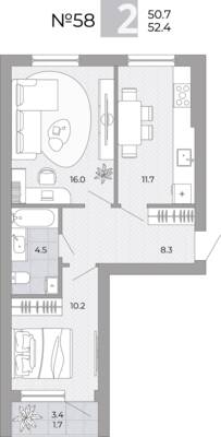 Планировка: 2-комн. 52,4 м² · этаж 1 из 4