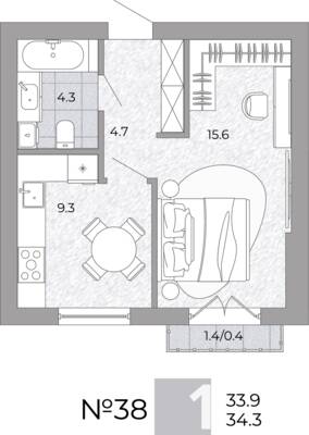 Планировка: 1-комн. 34,3 м² · этаж 3 из 4