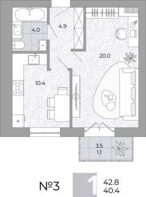 Планировка: 1-комн. 40,4 м² · этаж 1 из 4