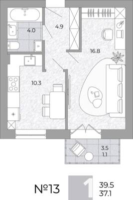 Планировка: 1-комн. 37,1 м² · этаж 2 из 4