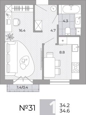 Планировка: 1-комн. 34,6 м² · этаж 1 из 4