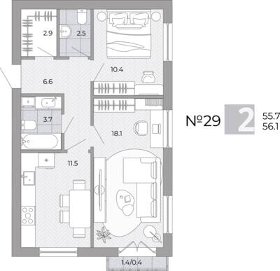 Планировка: 2-комн. 56,1 м² · этаж 1 из 4