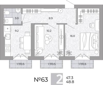 Планировка: 2-комн. 48,8 м² · этаж 3 из 4