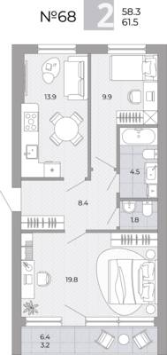Планировка: 2-комн. 61,5 м² · этаж 1 из 4