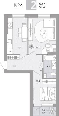 Планировка: 2-комн. 52,4 м² · этаж 2 из 4