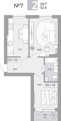 Планировка: 2-комн. 52,4 м² · этаж 3 из 4